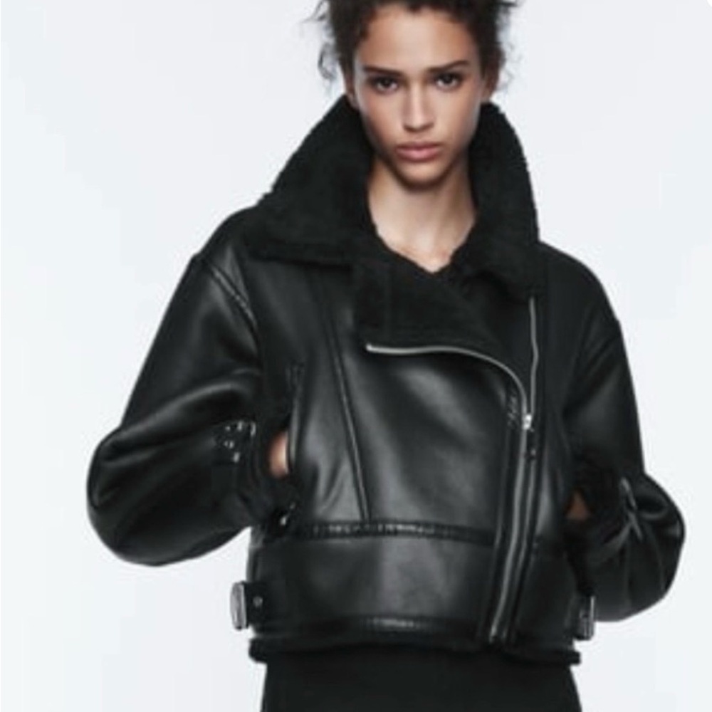 ZARA  trendy with fur double-sided belted Black with faux fur  collar size S - Picture 3 of 5